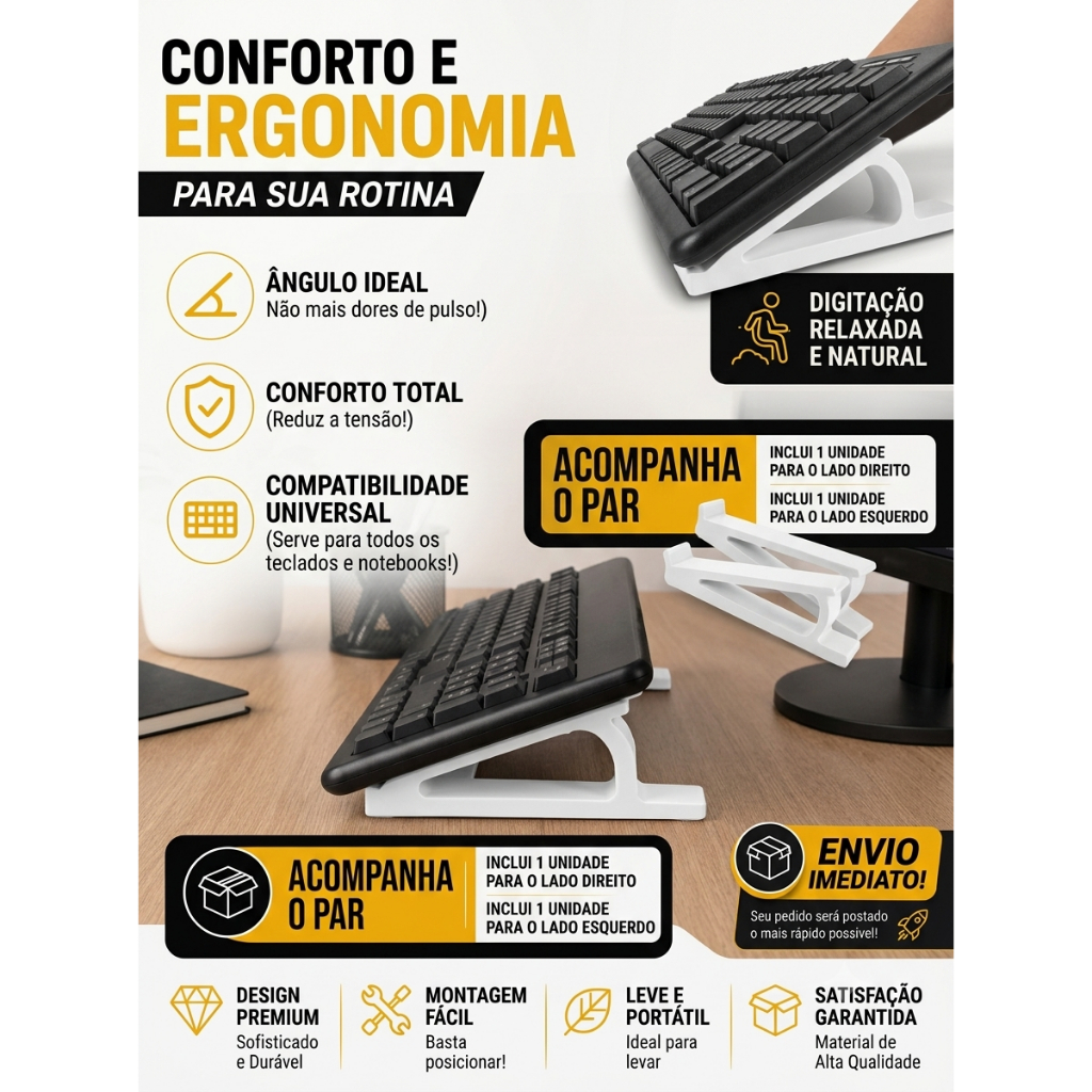 Suporte para Teclado Ergonômico Branco Par Universal Eleva Teclado Conforto Anti Dor Punhos Escritório Gamer