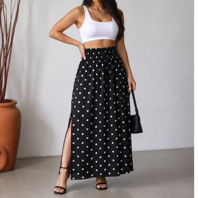 Saia Longa Feminina Poá com Fenda Lateral | Cintura Alta | Elegante e Casual Tendência Verão