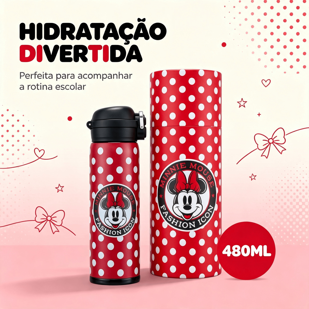Garrafa Água Térmica Squeeze Minnie Mouse 480ml Resistente Escola Passeio Disney
