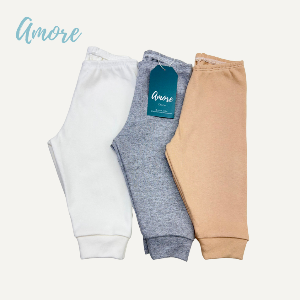 Kit 3 Calças Bebê Amore Neutro 100% Algodão