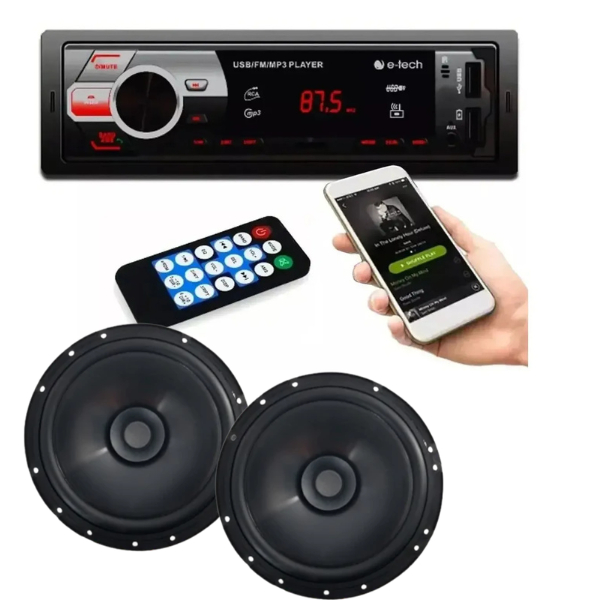Kit som completo Radio First Option 6688 com bluetooth 100W RMS e 2 alto falantes Bomber BBR 6 Montadora 110W RMS