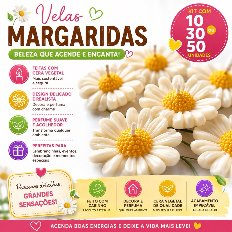 10/20/50 Velas Artesanais Flor Margarida ou Jasmim Lembrancinha Aniversário, Chá de Bebê, Nascimento, Casamento