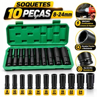 Jogo Soquetes Longos 10 Peças 8-24mm Impacto Aço Cr-V para Catraca 1/2
