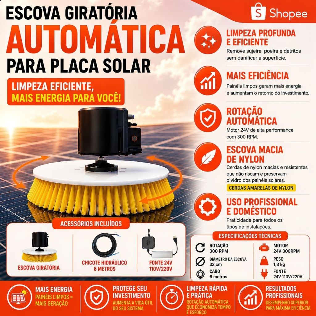 Escova Elétrica De Limpeza Placa Solar Eficiente Limpadora Rotativa Automática Lavadora Giratória Painel Fotovoltaico