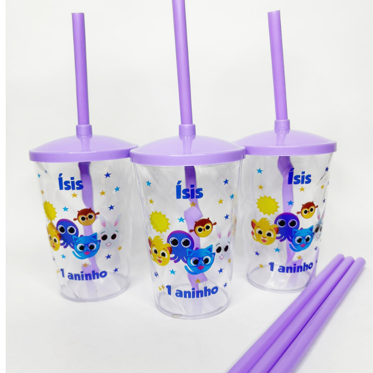 Kit Copos Twister Shake C/ Tampa e C/ Canudo Personalizado BOLOFOFOS