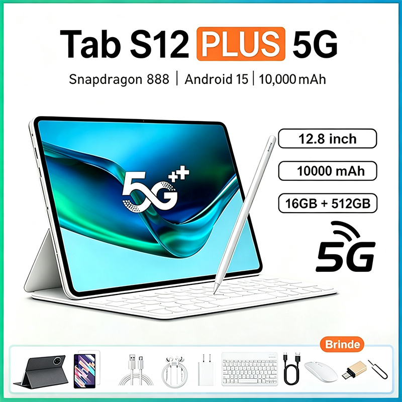 TAB S12 Plus -12.8"inch 16GB+512GB Android 15 10000mAh Snapdragon 888 Combo com Teclado e Mouse