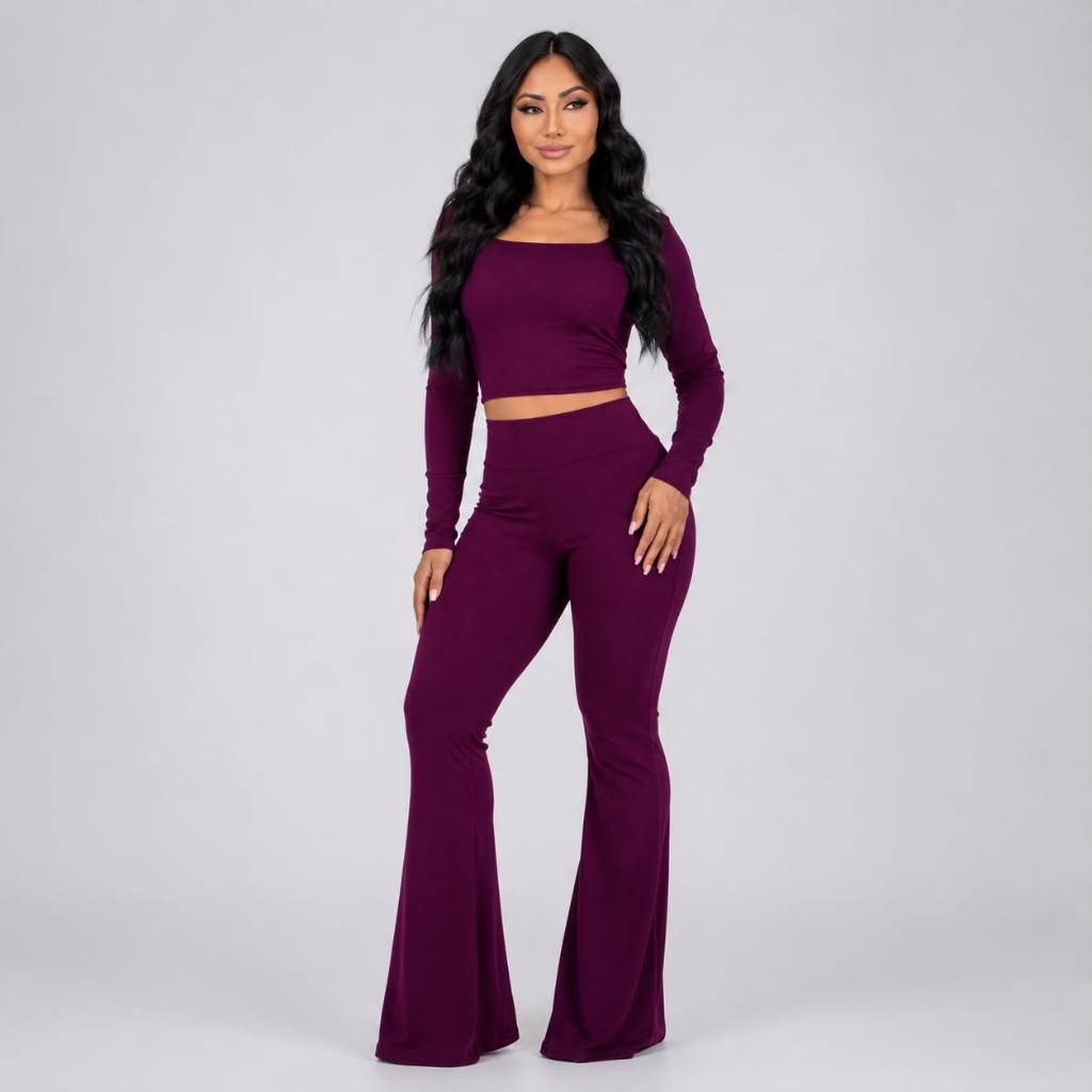 Conjunto Feminino Canelado Cropped Manga Longa + Calça Flare Cintura Alta Tamanho Único