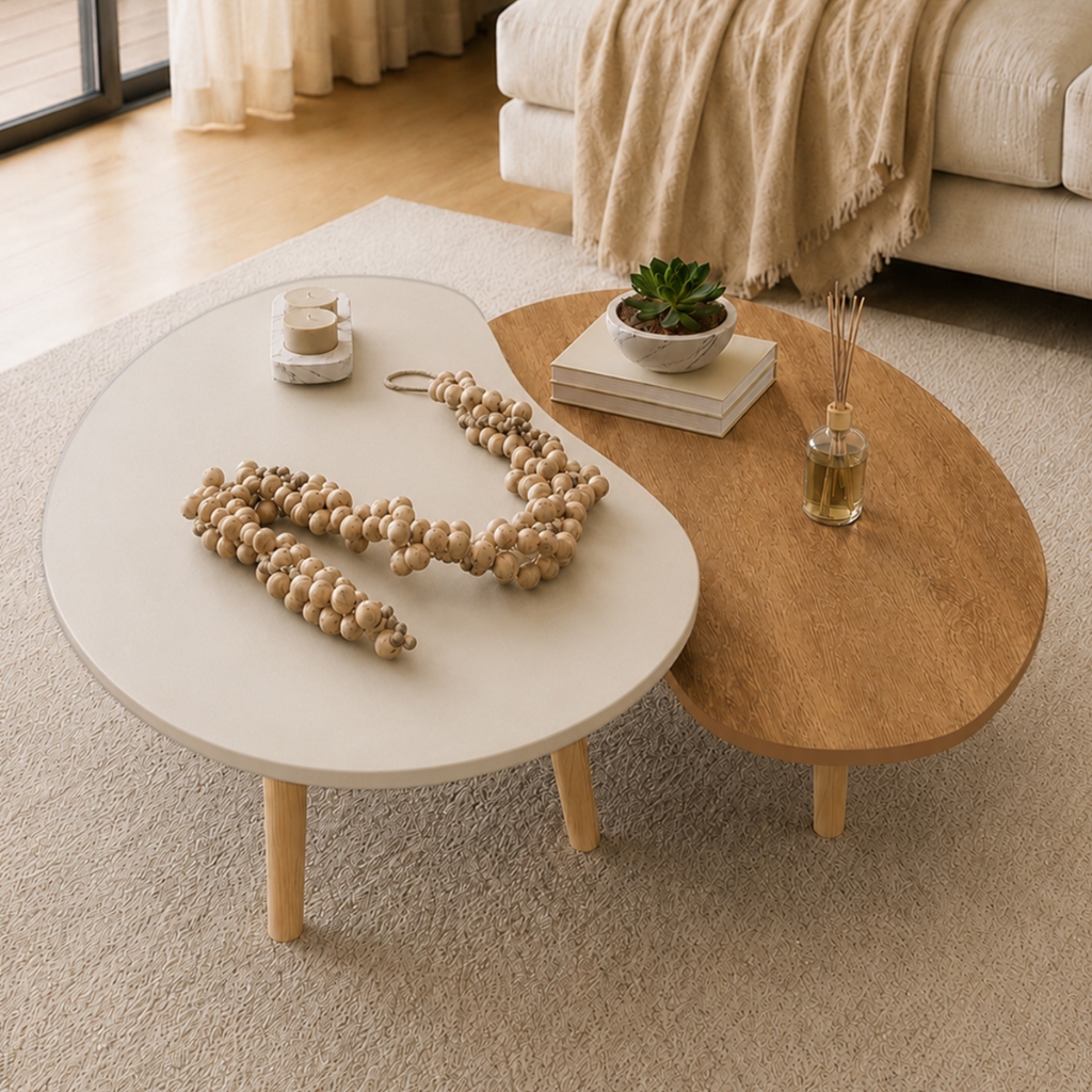 Kit mesa de centro tampo orgânico mdf pés em madeira sala de estar apoio decoração moderna orgânica