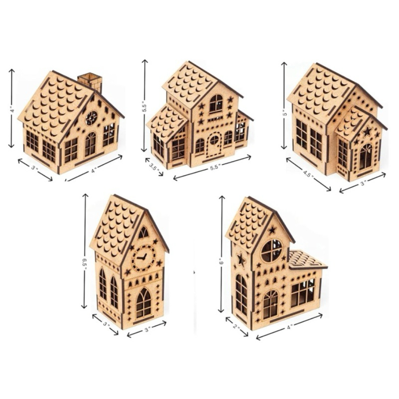 Kit 5 Casinhas de Natal em MDF Vila Natalina Mini Casas Decoração Presépio