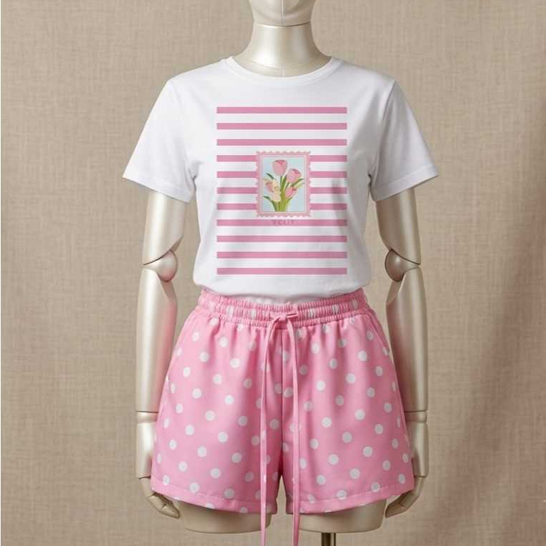 Queiroz T-shirts, Conjunto Feminino Camiseta e Short Listrado Verão_Estampa Tropical Casual Confortável.