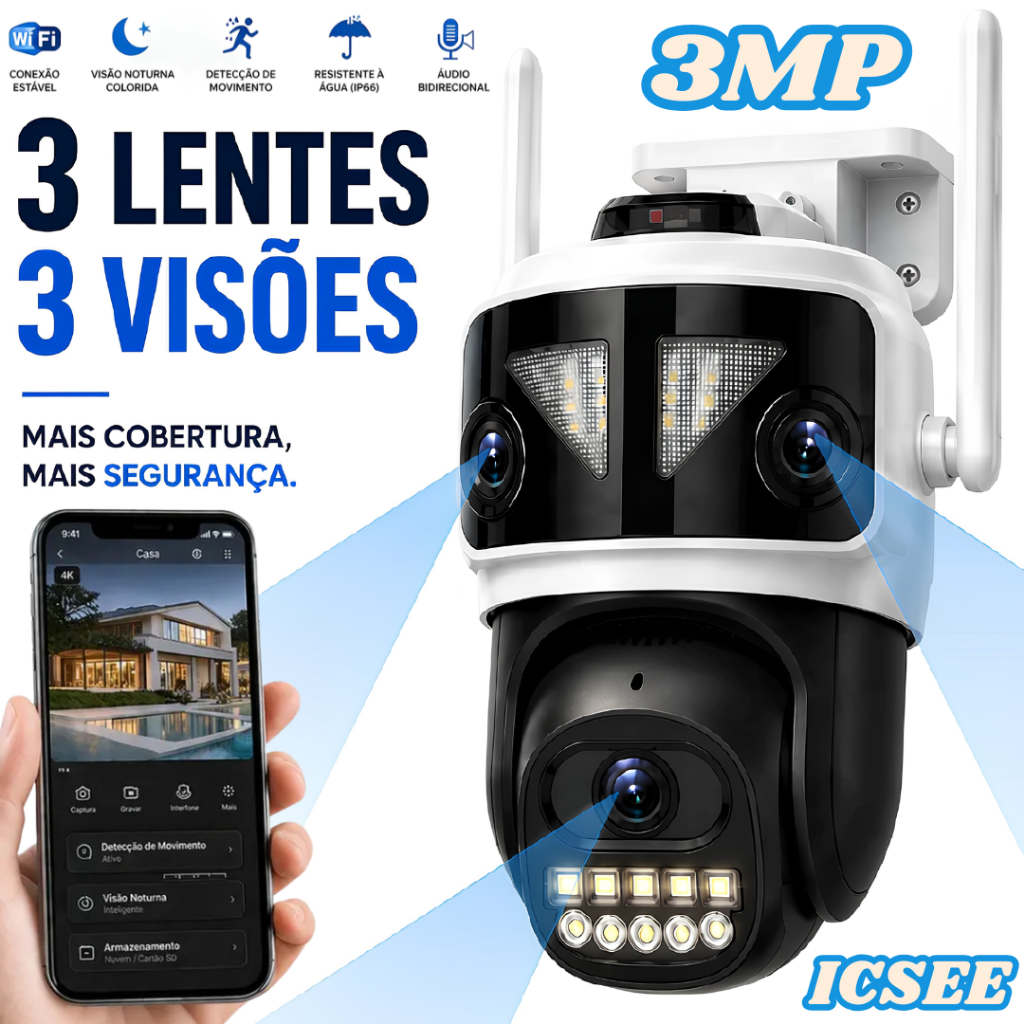 Câmera de Segurança WiFi Externa 3 Lentes PTZ 350° ICSEE IP66 Visão Noturna Áudio Bidirecional