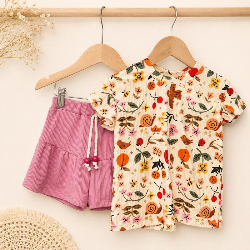 Conjunto Infantil Menina Blusa Estampada + Short Canelado | Look Infantil Confortável e Charmoso