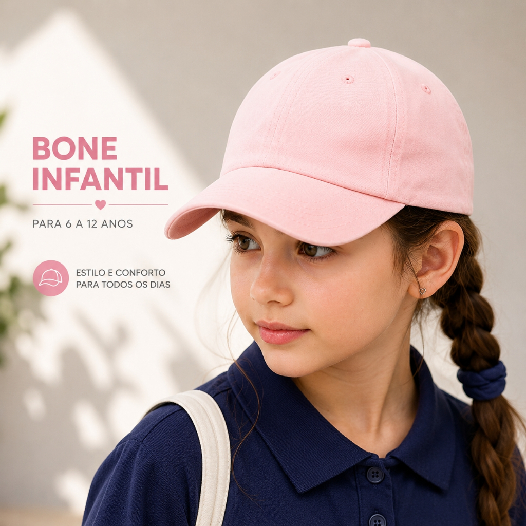 Boné Infantil de Beisebol Liso Básico Aba Curva Fitão Ajustável Dad Hat Sarja Feminino Masculino Unissex chapeu Criança