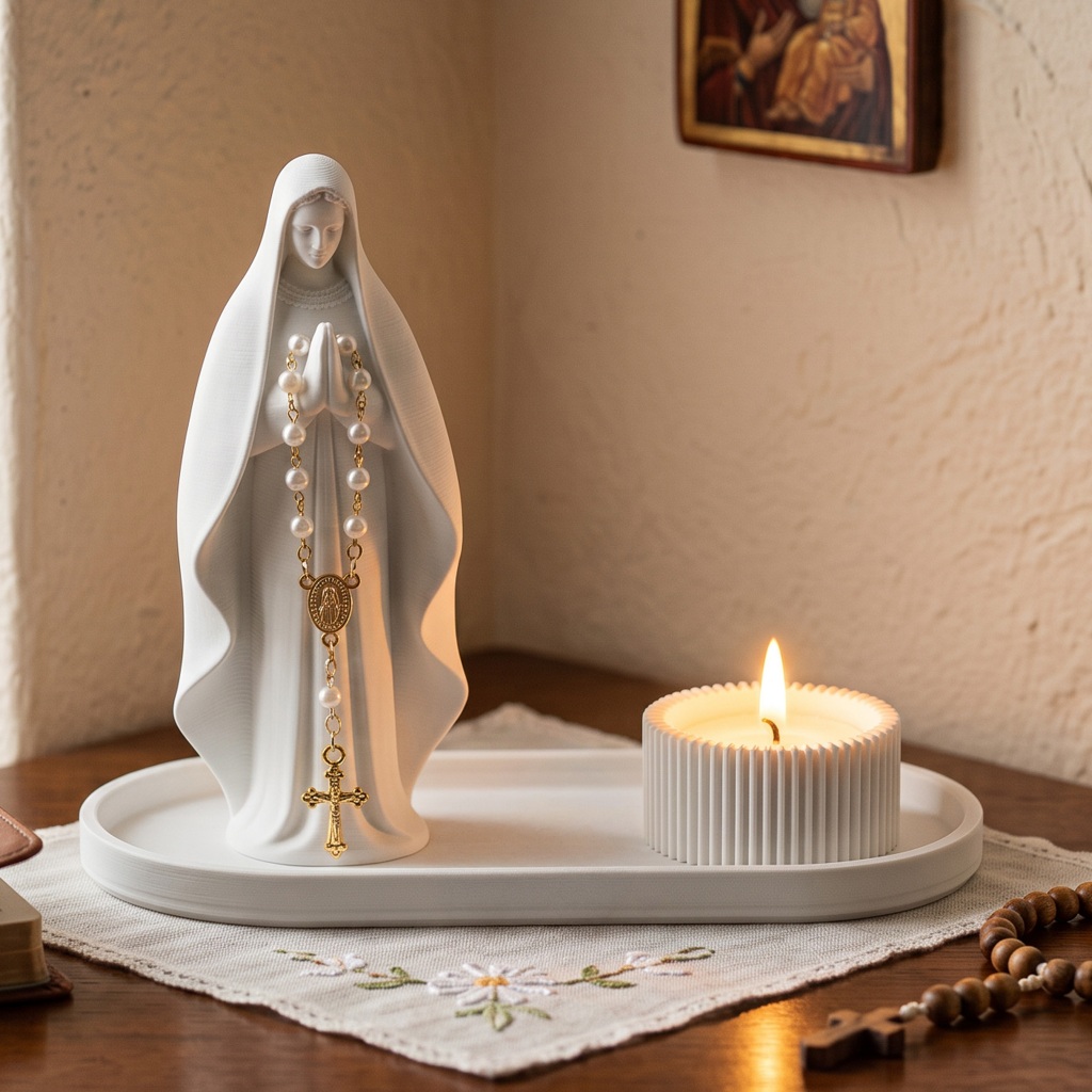Kit Decorativo/Religioso - Nossa Senhora Aparecida com Bandeja, Mini Terço e Porta Vela em Impressão 3D - Branco