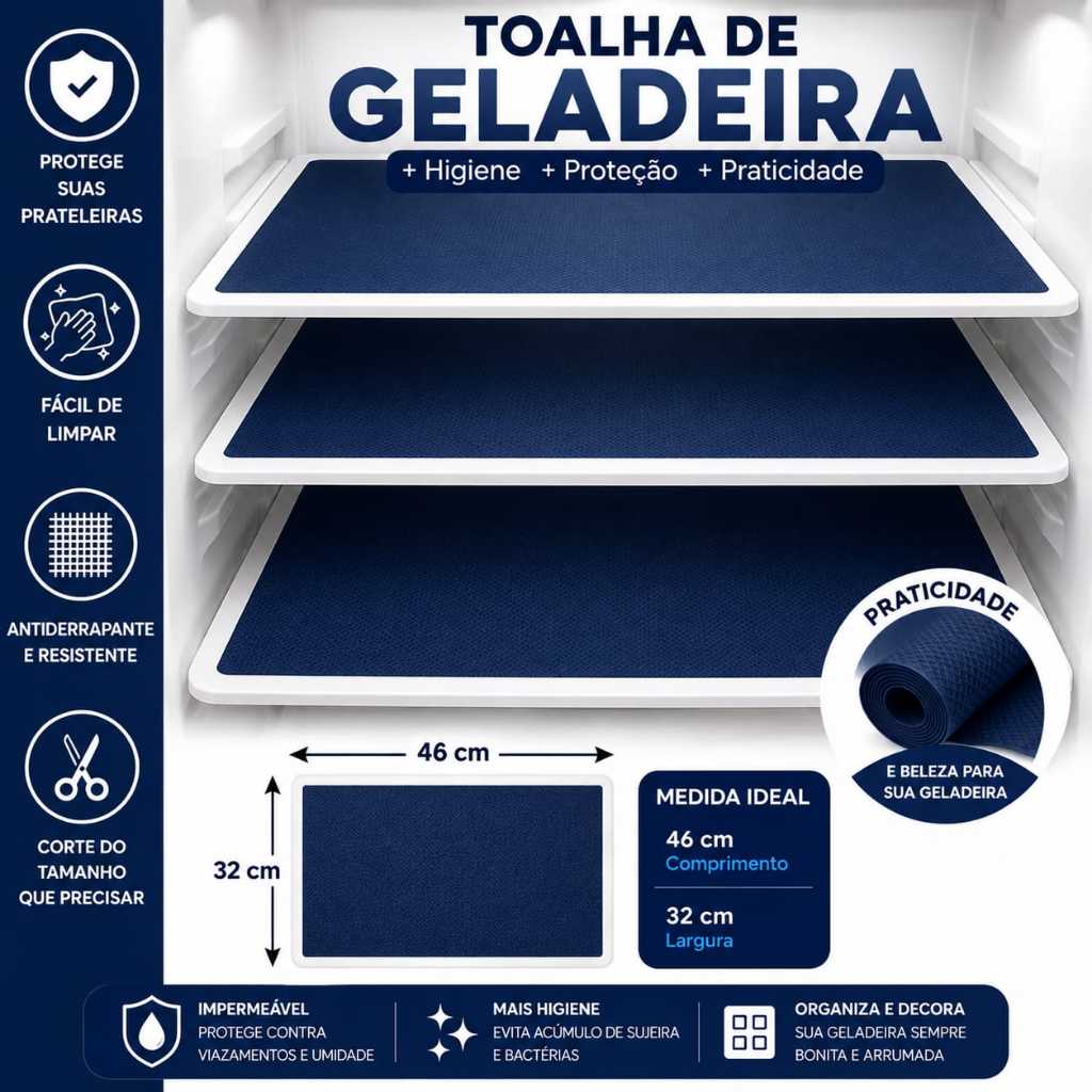 kit com 3 Toalha de Geladeira PVC 46x32cm Protetor de Prateleira Impermeável Antiderrapante Higiênico Fácil de Limpar