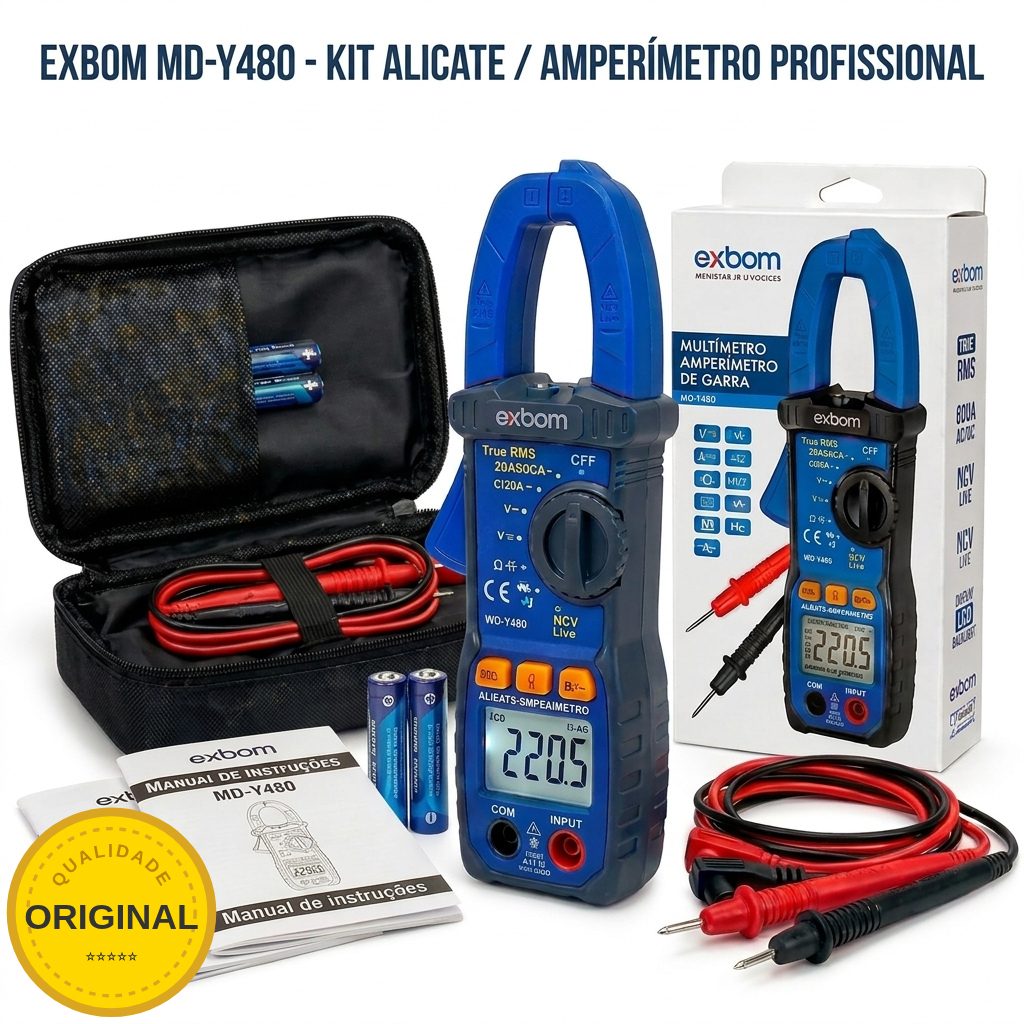 Alicate Amperímetro Digital Exbom True RMS 600V NCV+Estojo/Pilhas N.Fiscal)