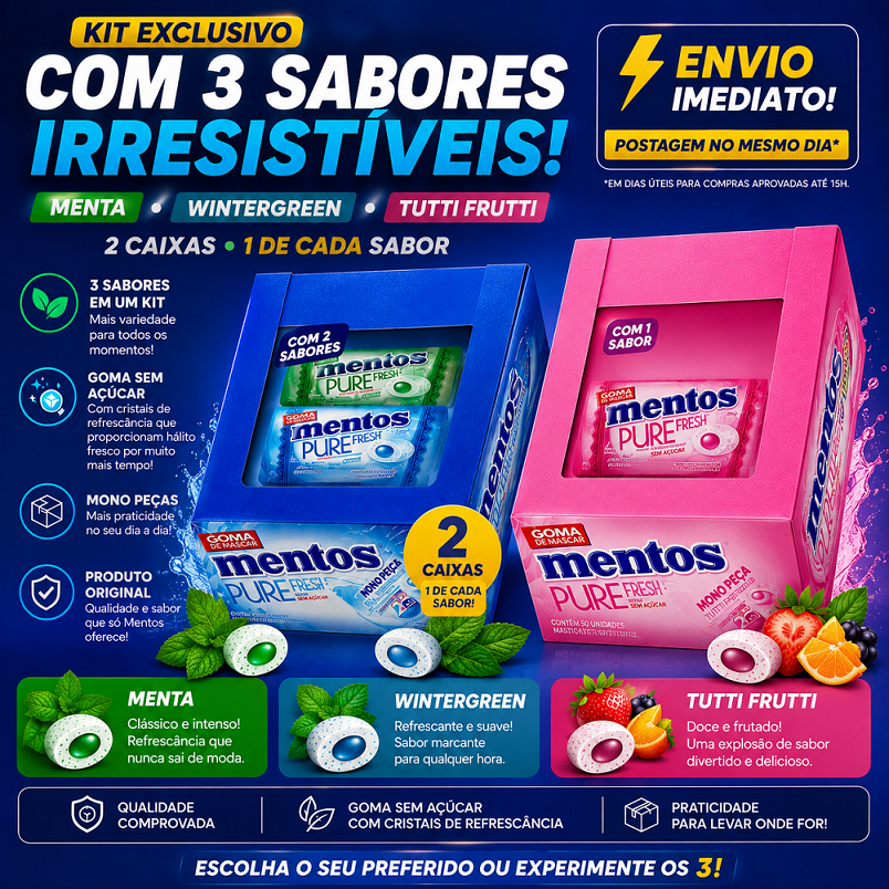 Kit 2 Caixas Chiclete Mentos Refrescante Pure Fresh Menta WinterGreen e Tutti Frutti Com 120 Peças 3 Sabores