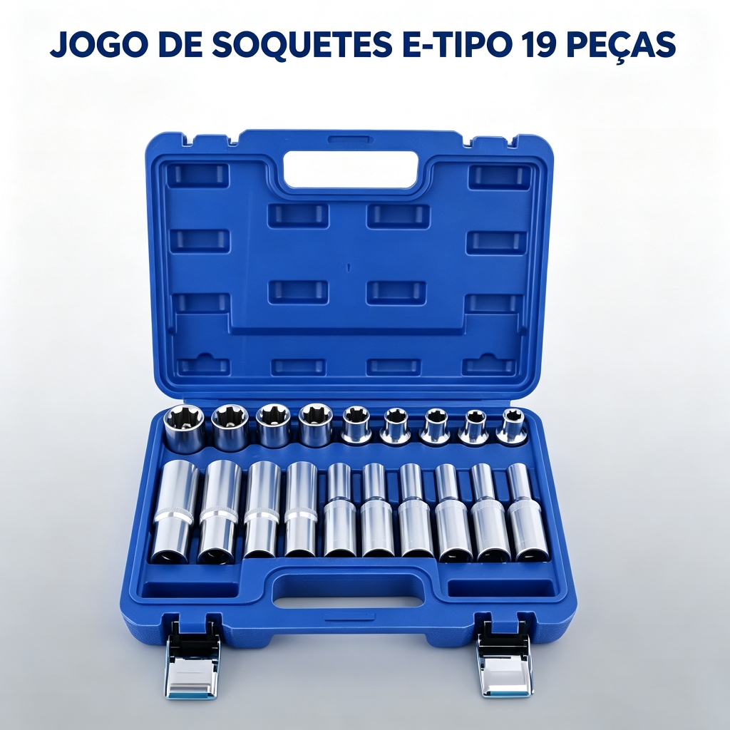 Jogo de Soquetes E-Torx 19 Peças Curto e Longo Aço CR-V, Soquete Estrela para Mecânica Automotiva Reparo Veicular