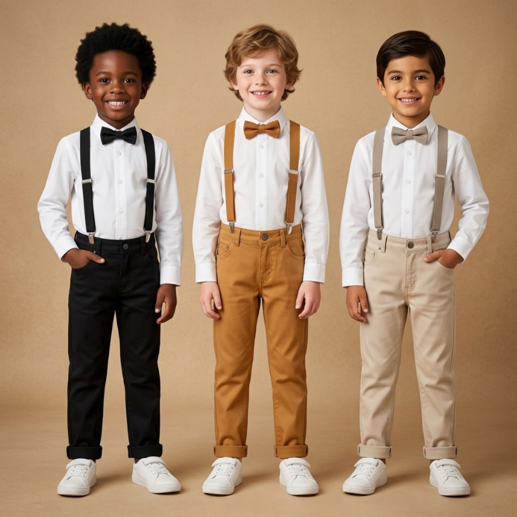 Kit 3 Peças Menino Calça Social Suspensório de Pressão Gravata Borboleta Infantil Festa Casamento