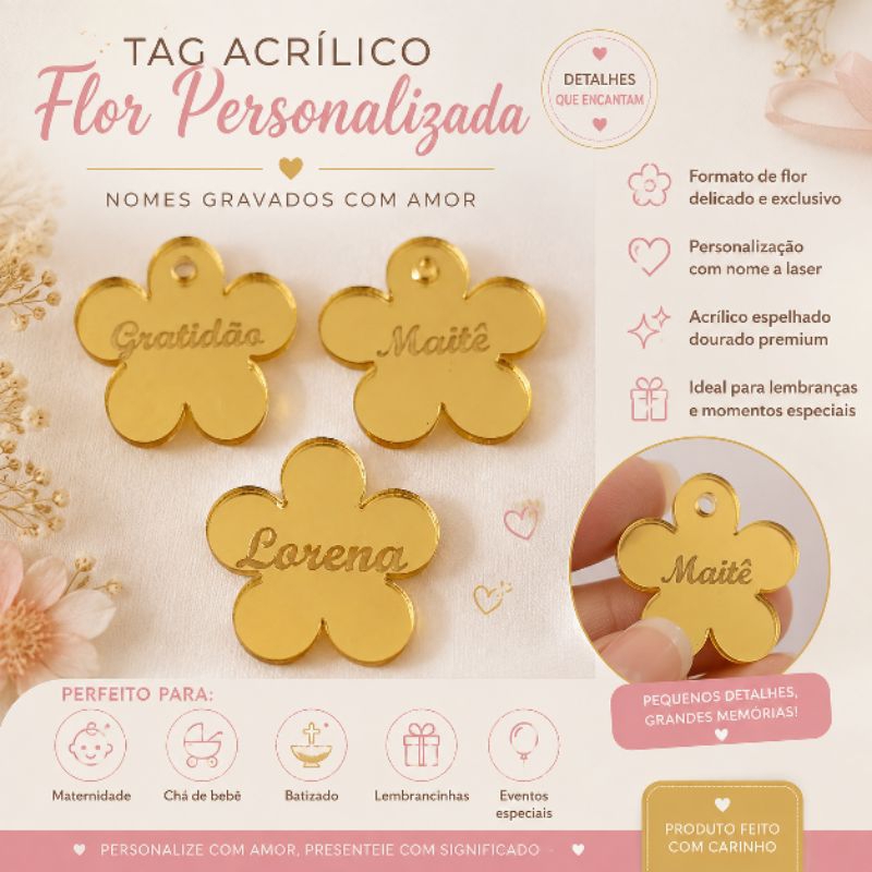 Tags de flor, 2 e 3 cm acrílico dourado espelhado personalizado