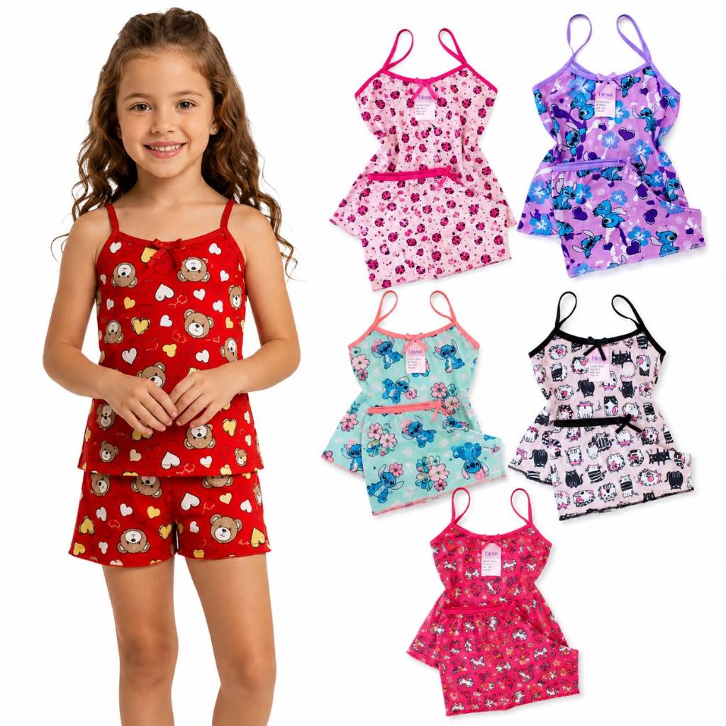 Kit 5 Pijama Infantil Menina Estampados Personagens Divertidos Short Doll Meninas Verão Pijama de Criança