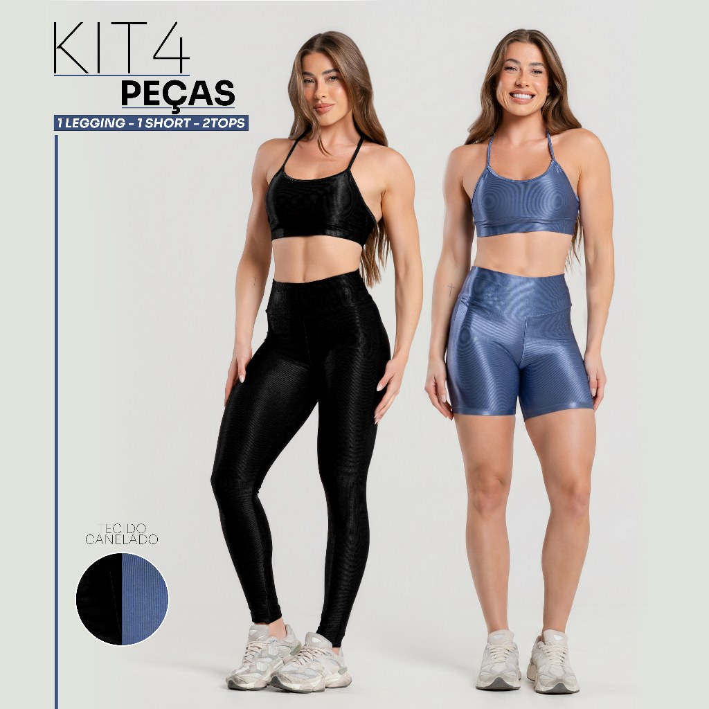 Kit 4 Peças Academia Feminino – Conjunto Canelado Brilhoso Completo Confortável