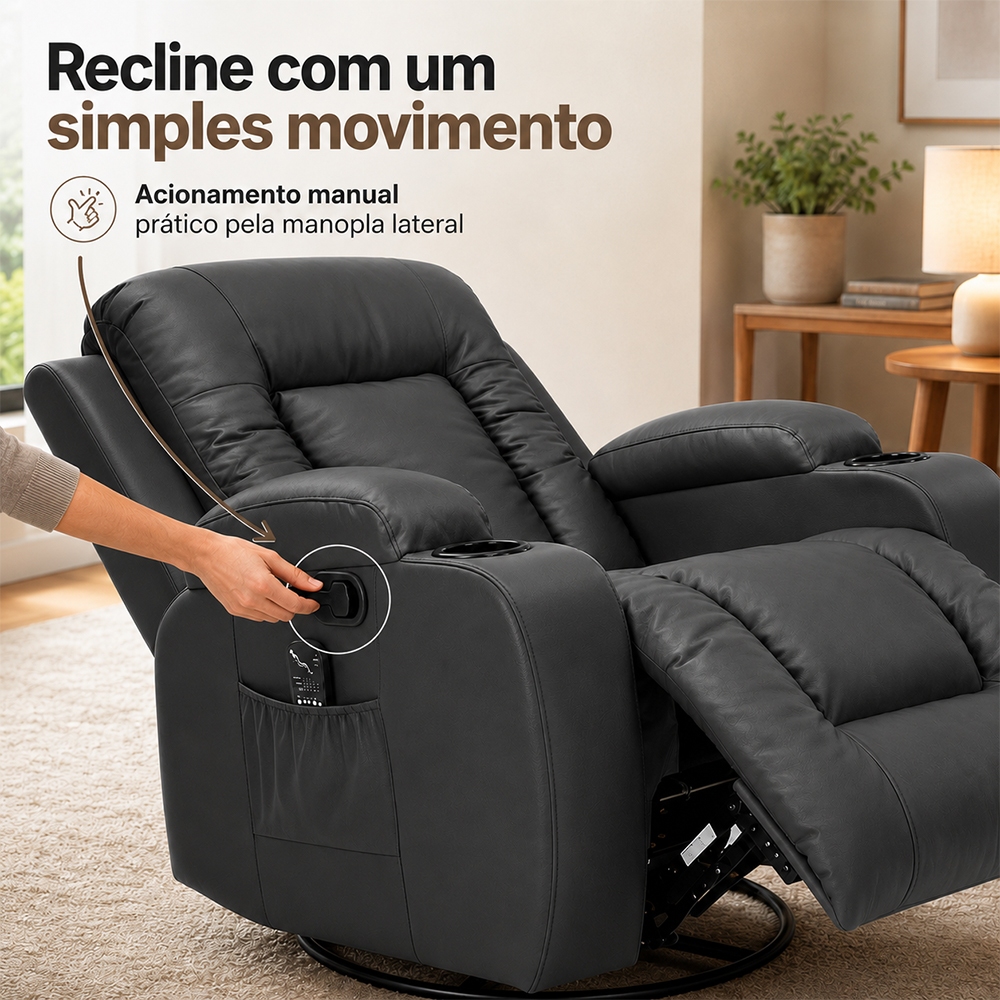 Poltrona do Papai Poltrona Reclinável Sala Poltrona de Leitura Austin Massagem Giratória PU Preto G94