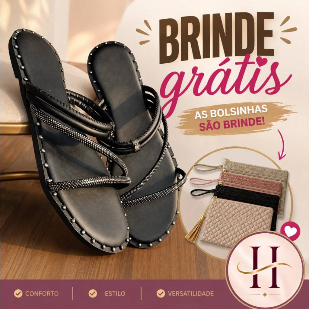 Sandália Feminina Rasteira com Strass Pedraria Tiras Cruzadas Fivela Ajustável Delicada Elegante Confortável + Bolsinha