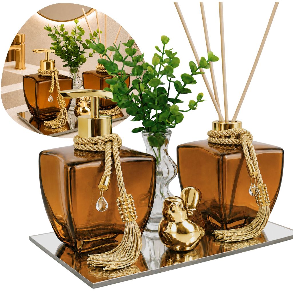 Kit Banheiro Lavabo Vidro Degrade Porta Sabonete e Difusor Luxo C/ Bandeja Espelhada