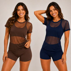 Kit 3 Camiseta Feminina Blusinha Academia Tule Transparente Fitness Manga Curta