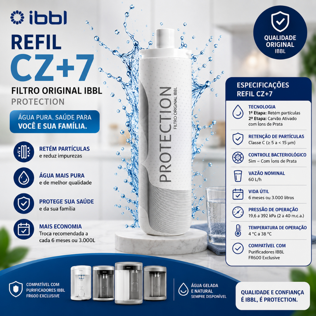 Refil IBBL Protection CZ+7 Original Purificador Água Alta Eficiência Filtragem Fácil Instalação
