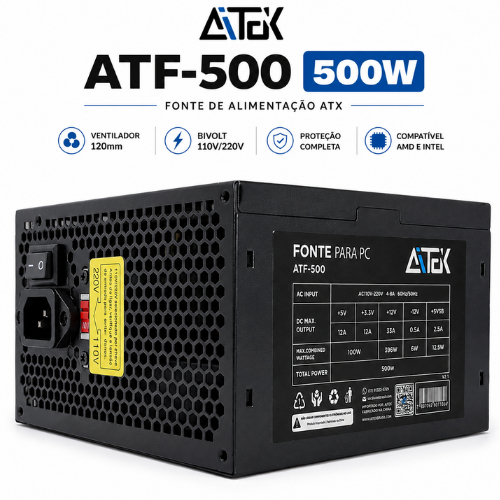 Fonte de Alimentação 500W para PC ATX AMD Intel com PCI-E 6+2 Pinos SATA IDE 120