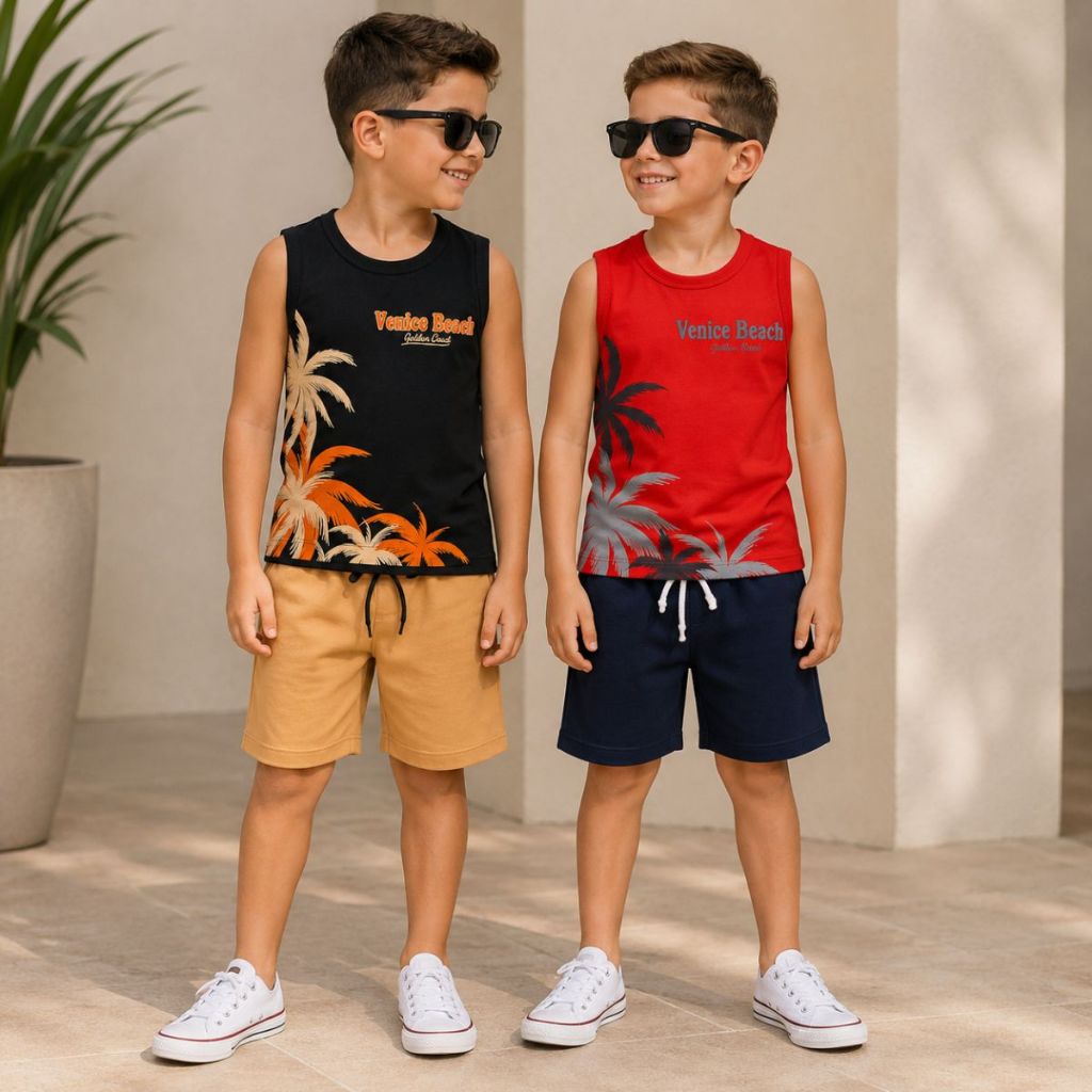 Conjunto Infantil Menino | Estampa Venice Beach | Regata + Bermuda | 2 ao 12  | Conjunto Infantil Masculino Verão