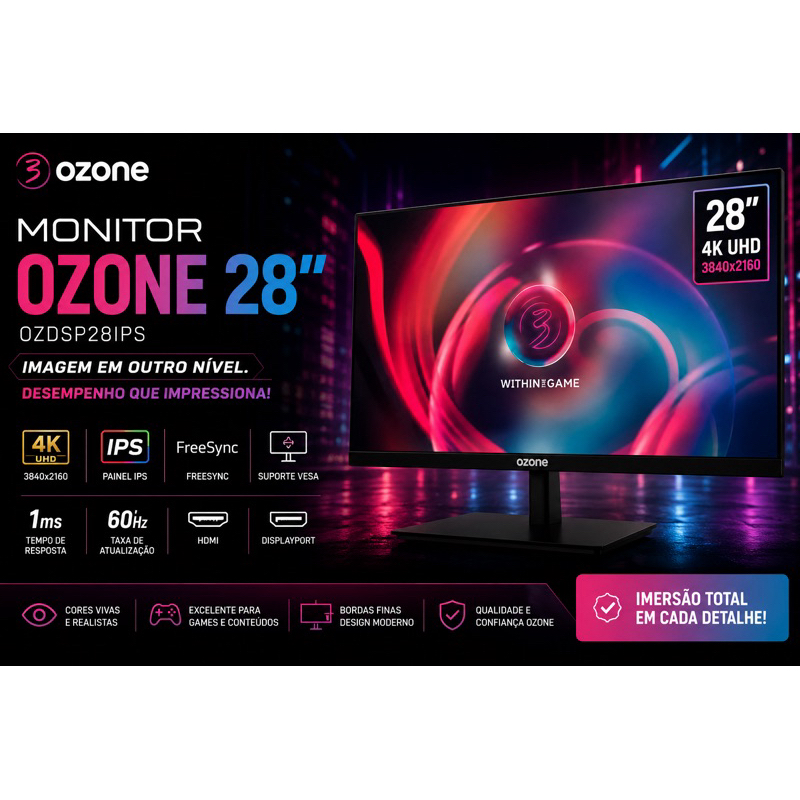 Monitor Gamer Ozone 28” 4K UHD IPS 1ms HDMI DisplayPort FreeSync VESA OZDSP28IPS