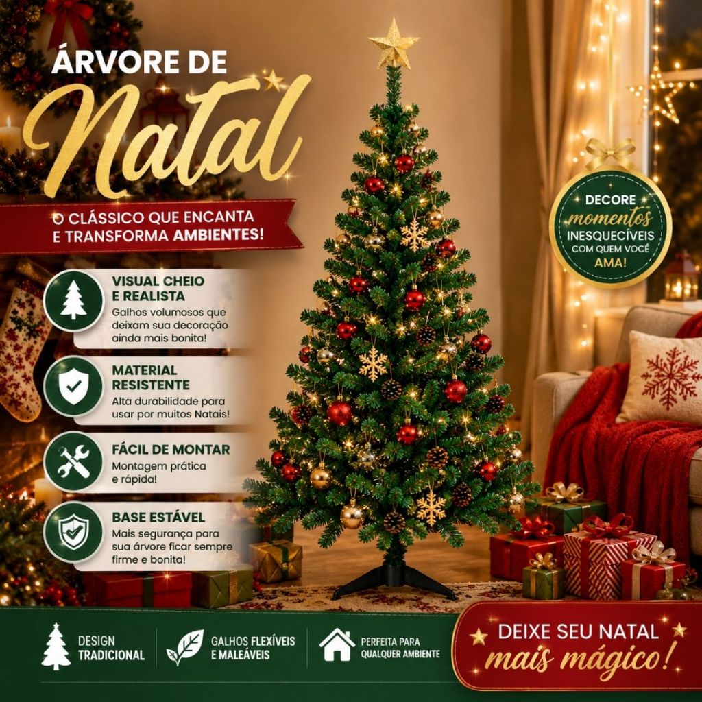 Árvore Natal Tradicional Pinheiro Tamanhos 1,20 / 1,50 / 1,80 Verde Branca Supor