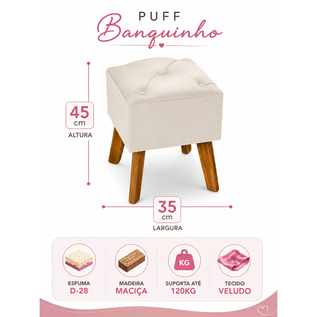 Puff Quadrado com Pé de Madeira em Veludo – Conforto, Estilo e Envio Rápido, Puff para penteadeira