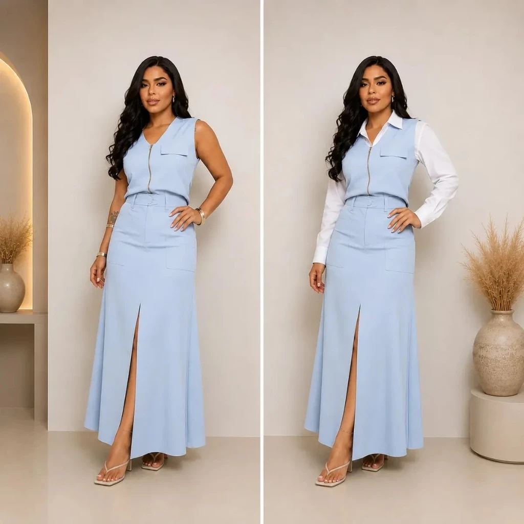 Conjunto Alfaiataria Social Feminino Saia e Blusa Marant Saia longa Com Fenda Colete Alfaiataria Ziper Conjunto Festa