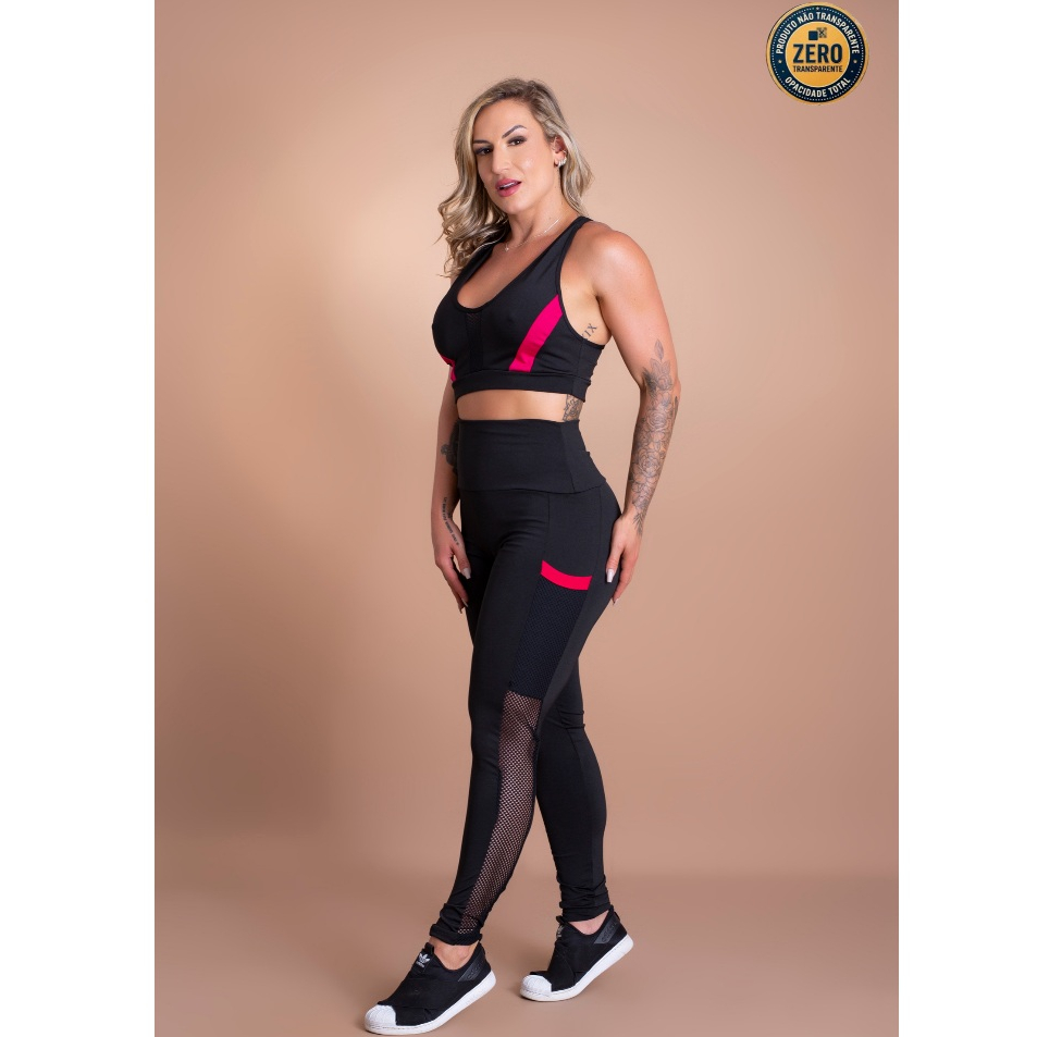 Conjunto Feminino Fitness Calça Legging Cintura Alta Com Bolso Tela E Top Nadador Academia ZERO TRANSPARÊNCIA