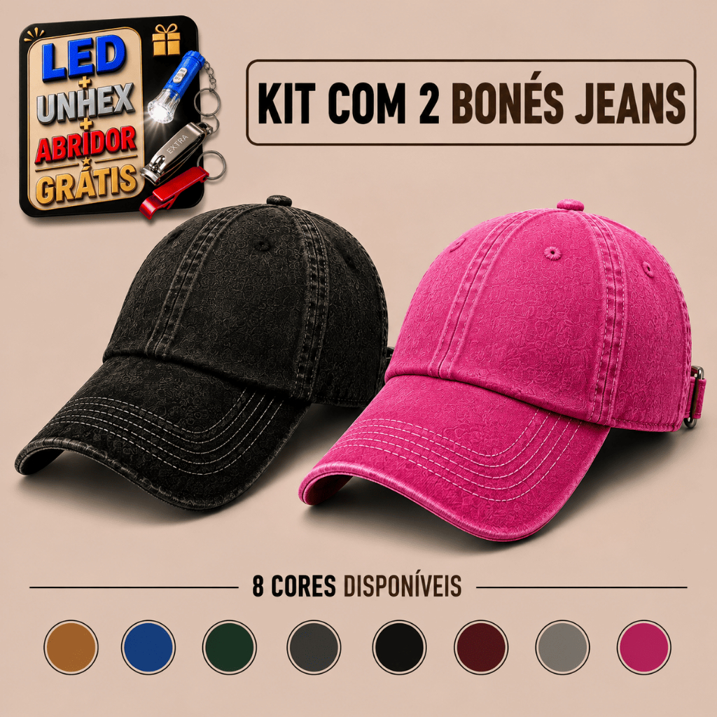 Kit 2 Bonés Beisebol Jeans Lavado Vintage Aba Curva Ajustável Unissex Casual Retrô Dad Cap Viagem Praia + Brindes