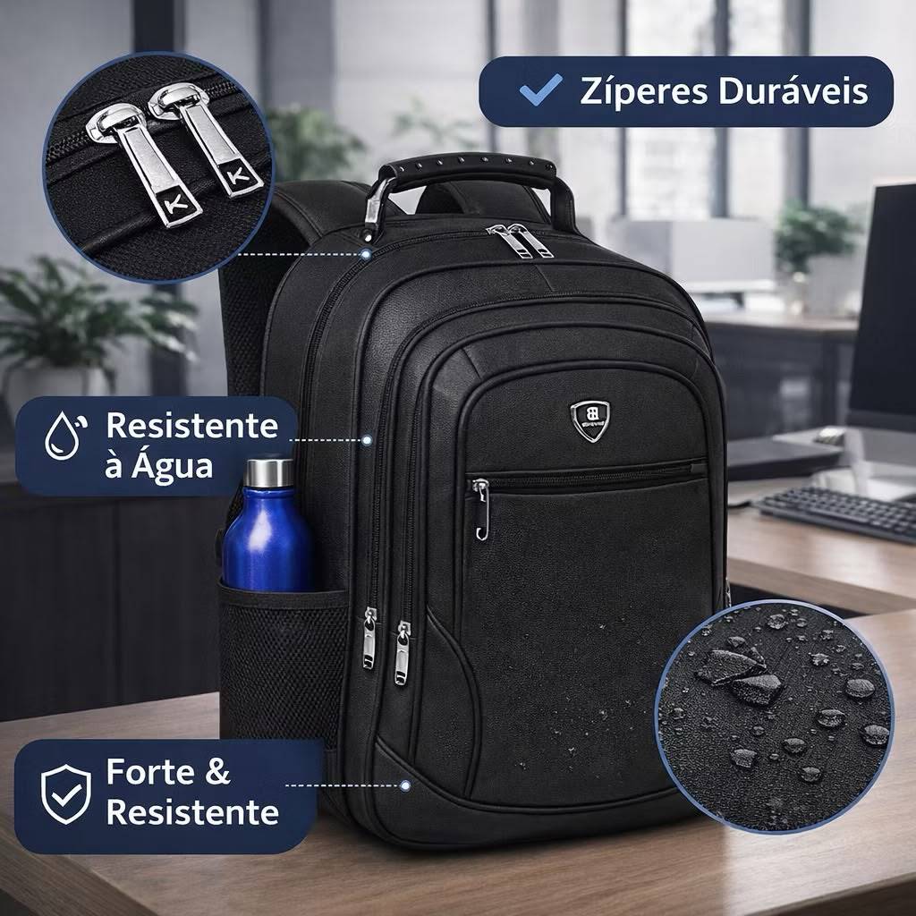 Mochila Executiva Masculina Preta Grande Resistente para Notebook Trabalho e Viagem