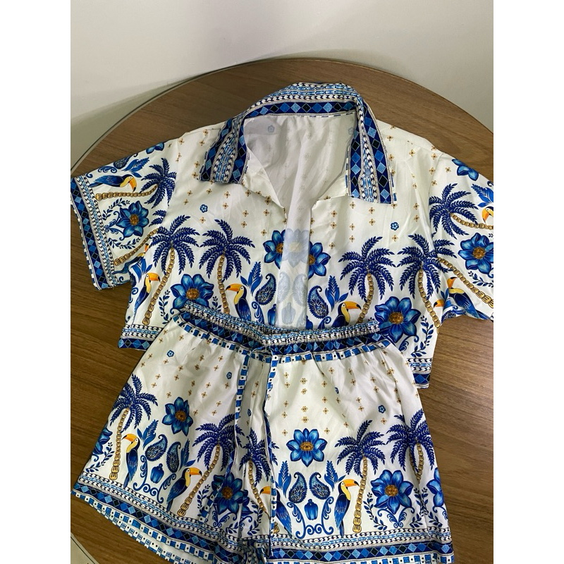 Conjunto Feminino Tropical Estampado Camisa + Short Verão Moda Praia Look Blogueira Tendência 2026