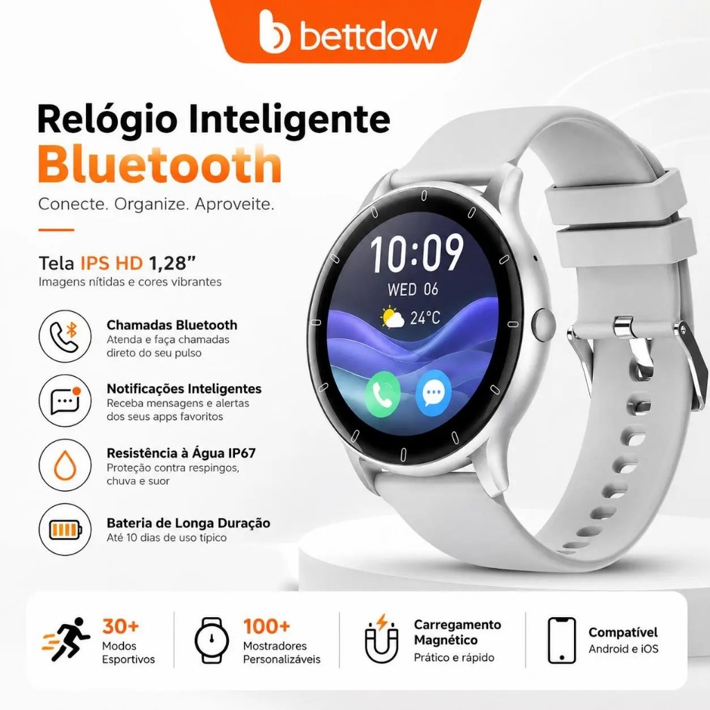 Relógio inteligente BETTDOW, à prova d'água IP67, tela IPS curva de 1,28 polegad