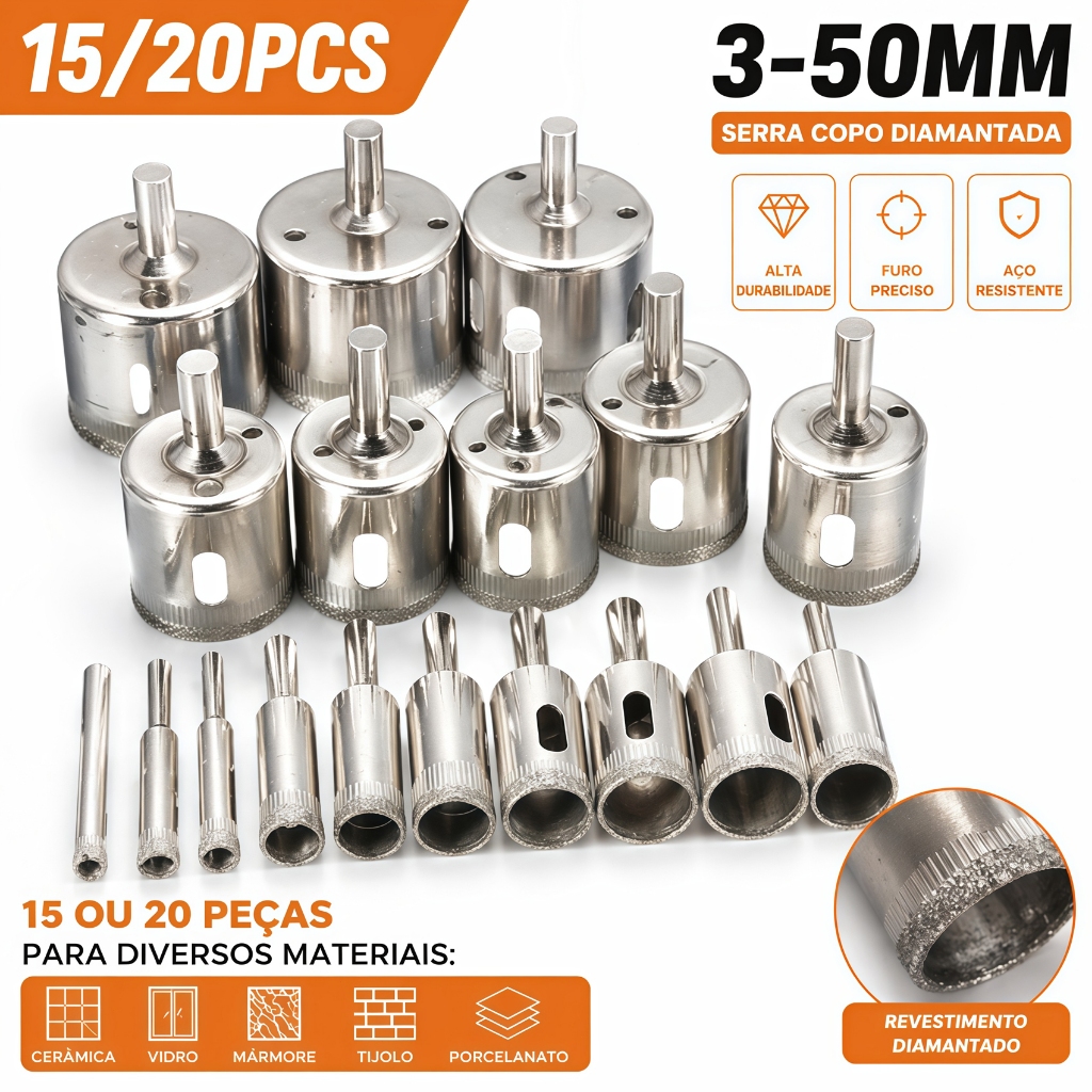 Jogo 20 Peças Serra Copo Diamantada para Furar Vidros Garrafas Cerâmicas e Azulejos 3mm a 50mm Kit Brocas Alta Precisão