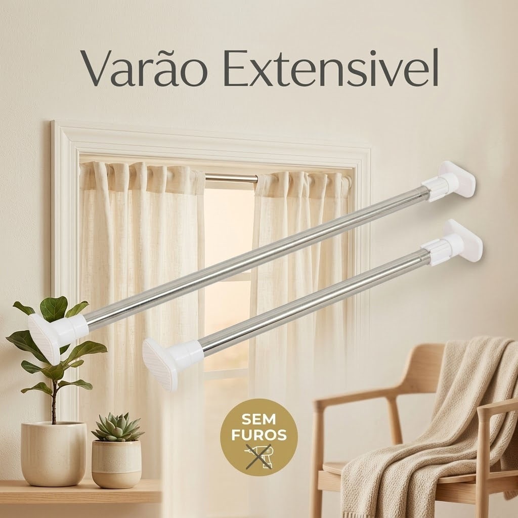 Varão Extensivel SEM FUROS Grande Maior Medida Inox Resistente Porta Cortina De Box E Banheiro Multiuso