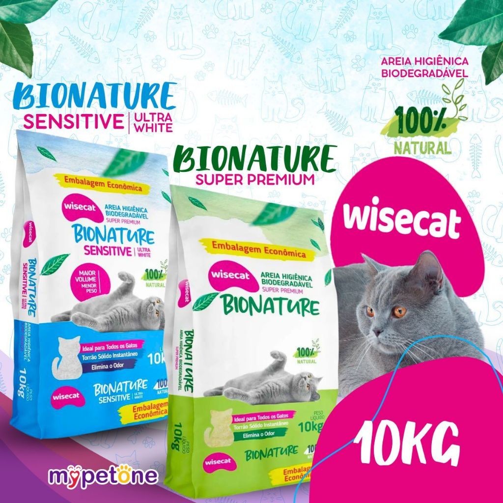 Areia 10Kg Biodegradável Para Gatos Bionature Grossa Verde e Fina Azul