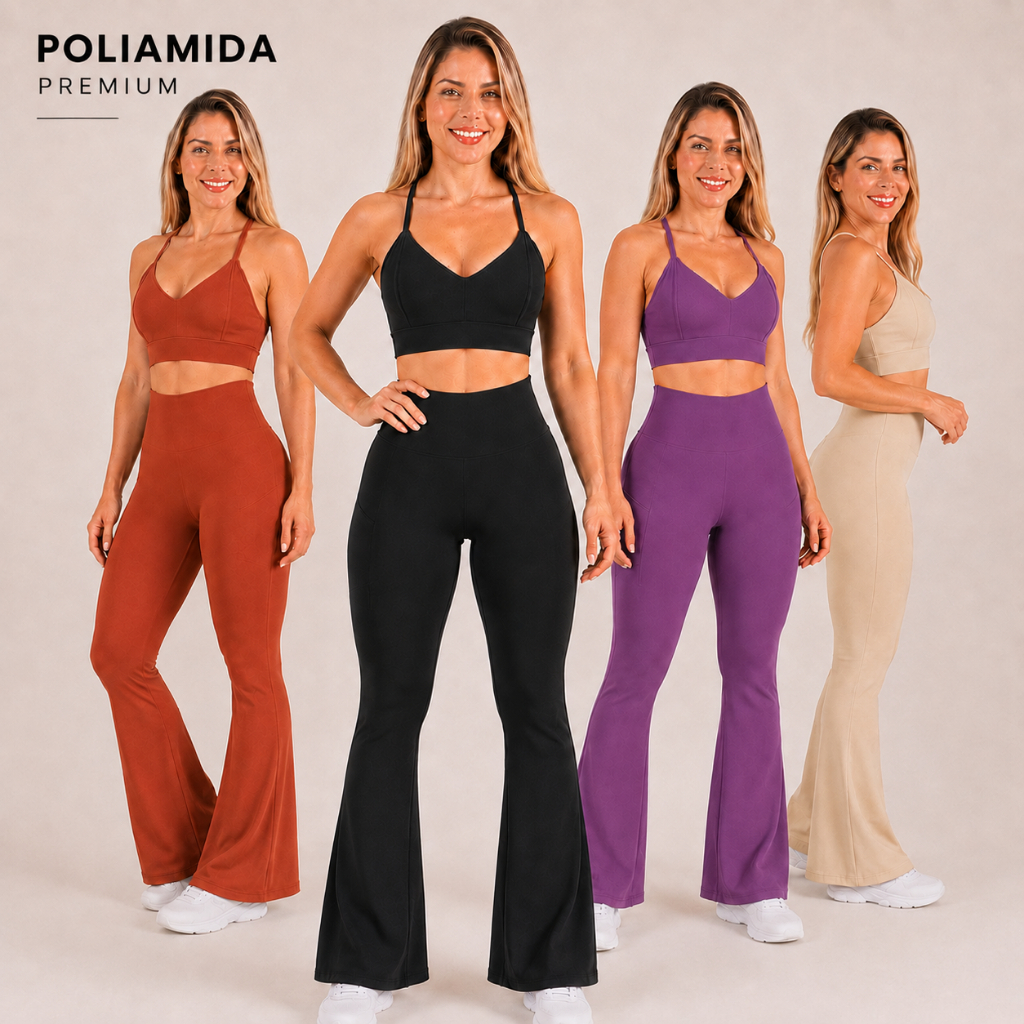 Conjunto Fitness Feminino Calça Legging Flare e Top Poliamida Premium Cintura Alta Zero Transparência Academia Treino