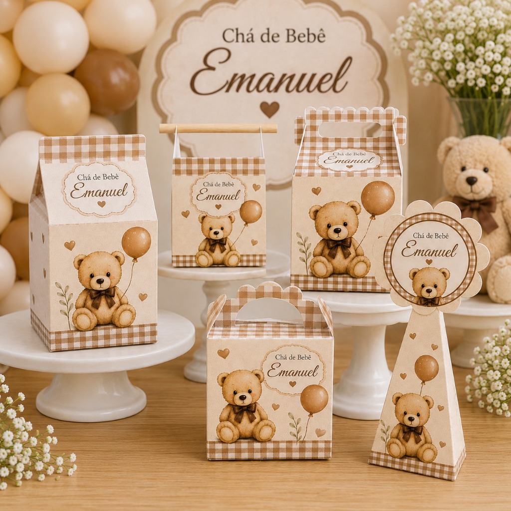 Kit Chá de Bebê Ursinho Personalizado Pegue e Monte | Lembrancinhas Festa Infantil | Caixinhas Personalizadas