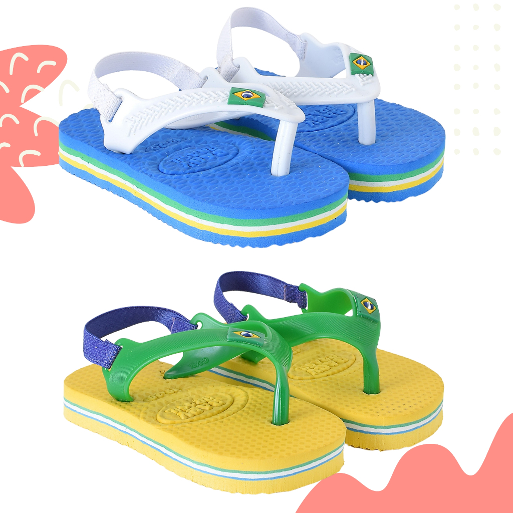 Kit 2 Pares Chinelo Bebê Infantil Brasil com Elástico Antiderrapante Menino Menina Unissex Confortável Primeiros Passos