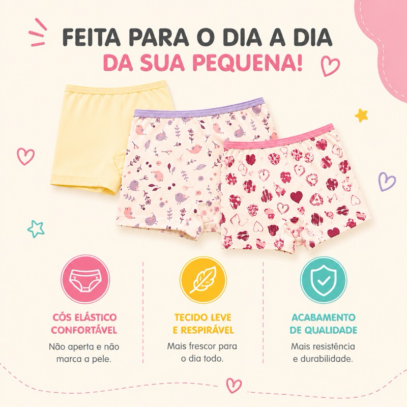 Kit até 12 Calcinhas Boxer Infantil Menina 100% Algodão Feminina Conforto Premium 2 a 10 Anos