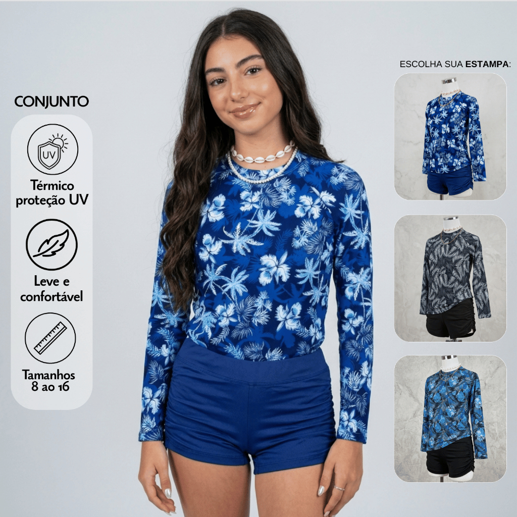 Conjunto Menina Blusa Estampada Raglan e Shorts Liso Adolescente Tropical 49-BE